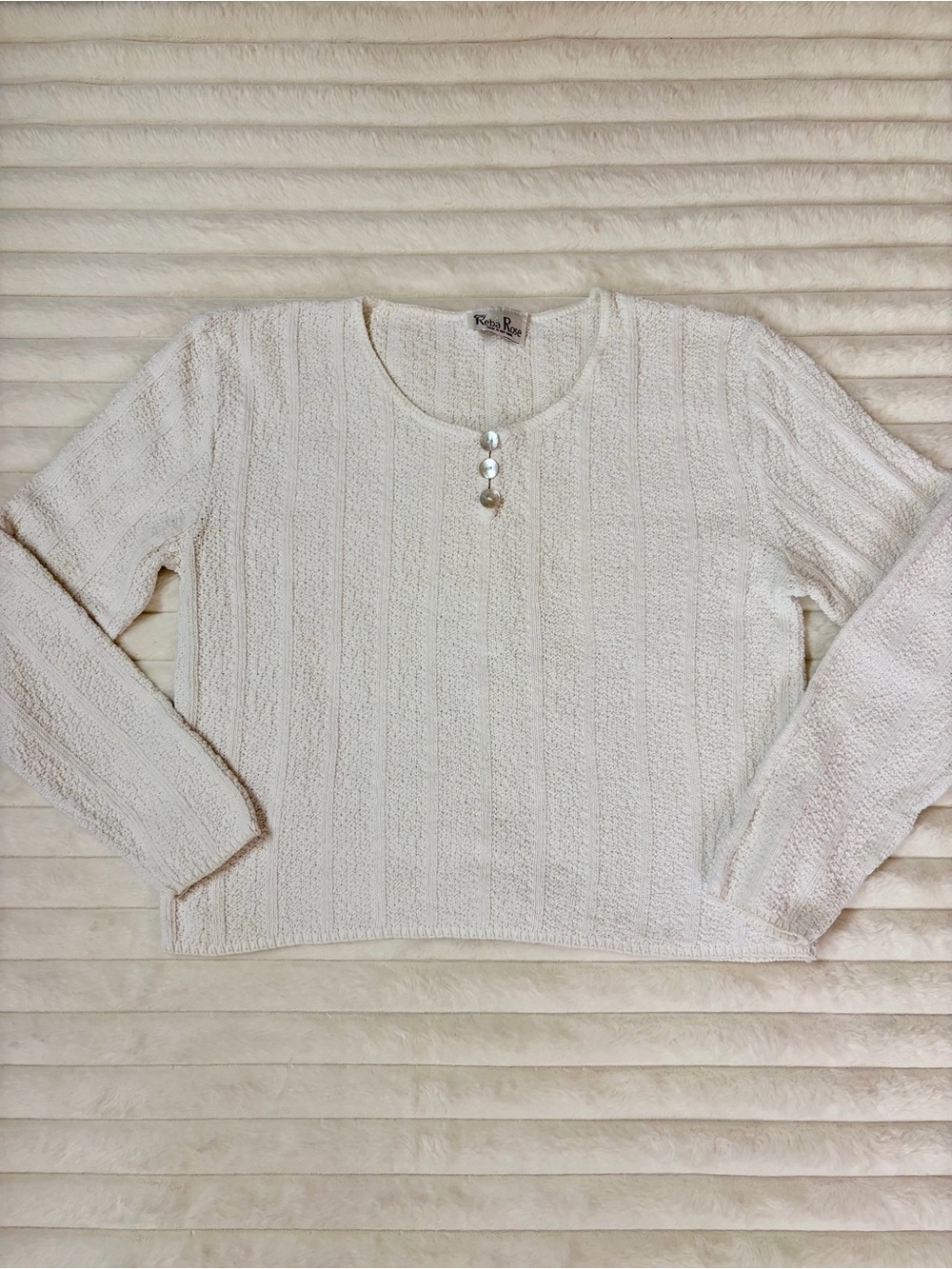 Reba Rose Kittenish Cream Textured Long Sleeve Sweater Vintage Knit Size Medium